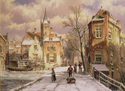 Empujando una carretilla en la nieve de Willem Koekkoek